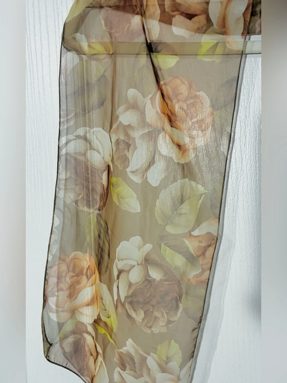80s Neutral Floral Rose Sheer Chiffon Rectangular Scarf 54”L Vintage